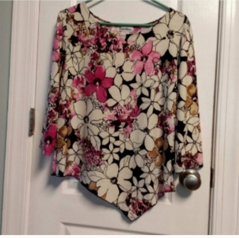 Carol Rose Floral Women's L Top - Pink, Cream, Brown Asymmetrical Front Dressy